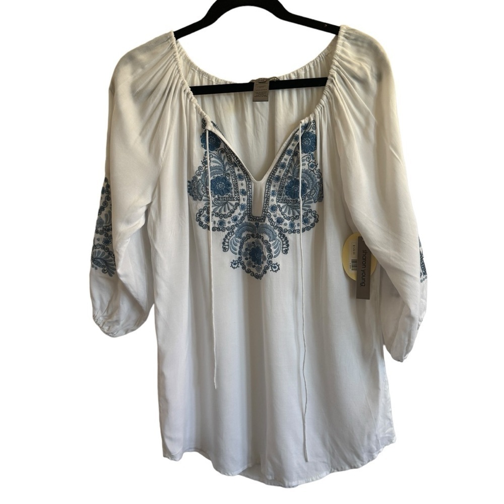 Sharon Young Cream Blouse with Blue Embroidery